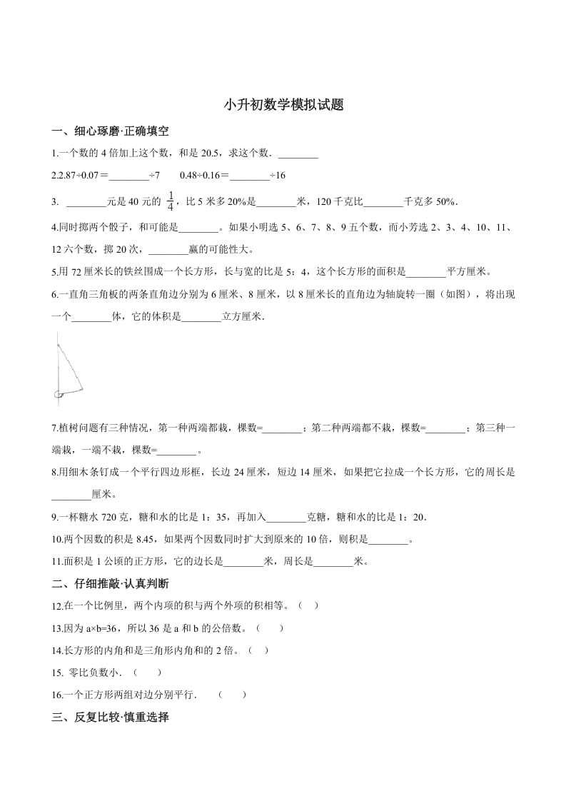 六年级数学下册小升初模拟试题（19）苏教版（含解析）-小哥网