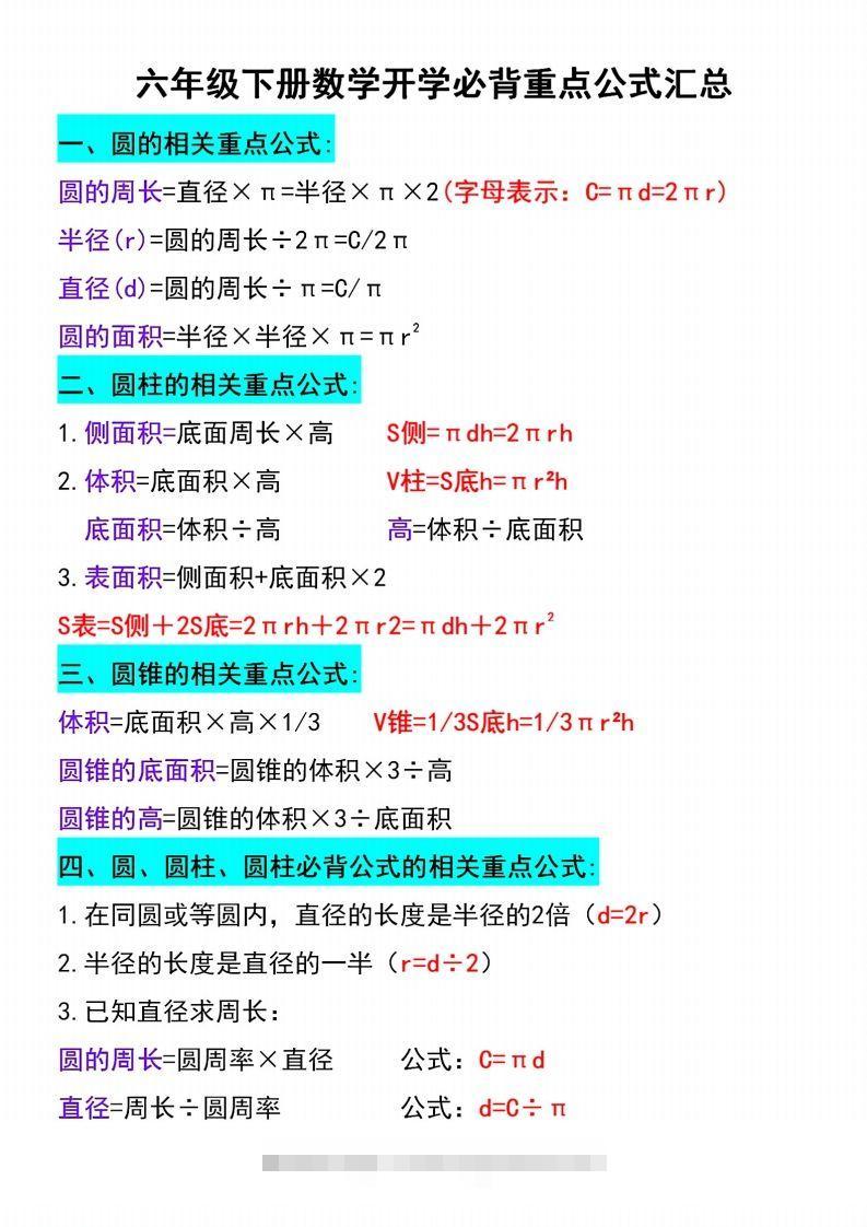 六年级下册数学必背重点公式汇总-小哥网