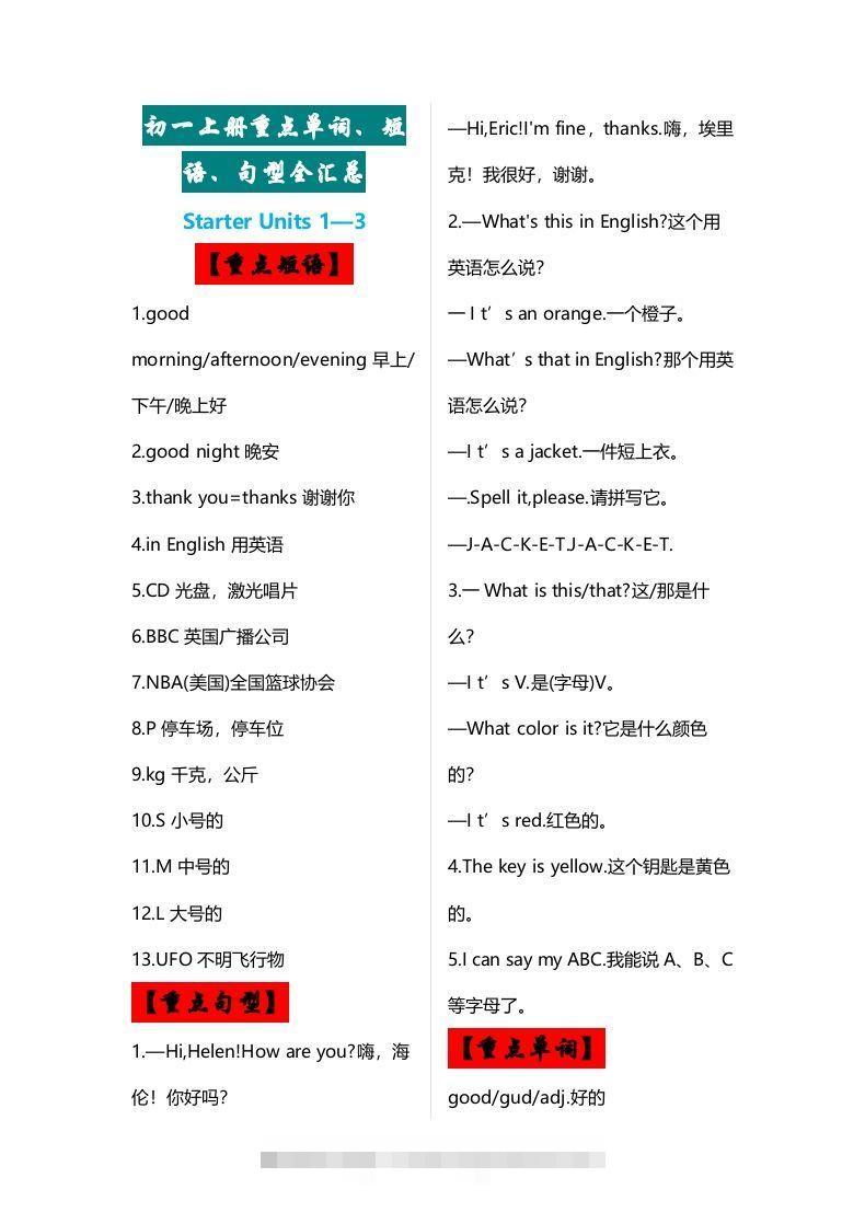 七年级上册：英语重点单词、短语、句型全汇总-小哥网