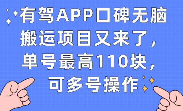 有驾APP口碑无脑搬运项目又来了，单号最高110块，可多号操作-小哥网