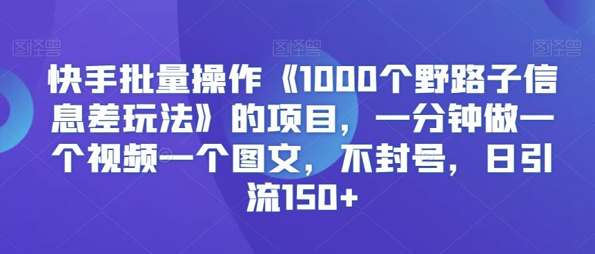 快手批量操作《1000个野路子信息差玩法》的项目，一分钟做一个视频一个图文，不封号，日引流150+【揭秘】-小哥网